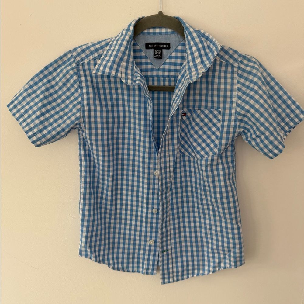 Tommy Hilfiger Light Blue and White Checkered Shirt small (8/10)